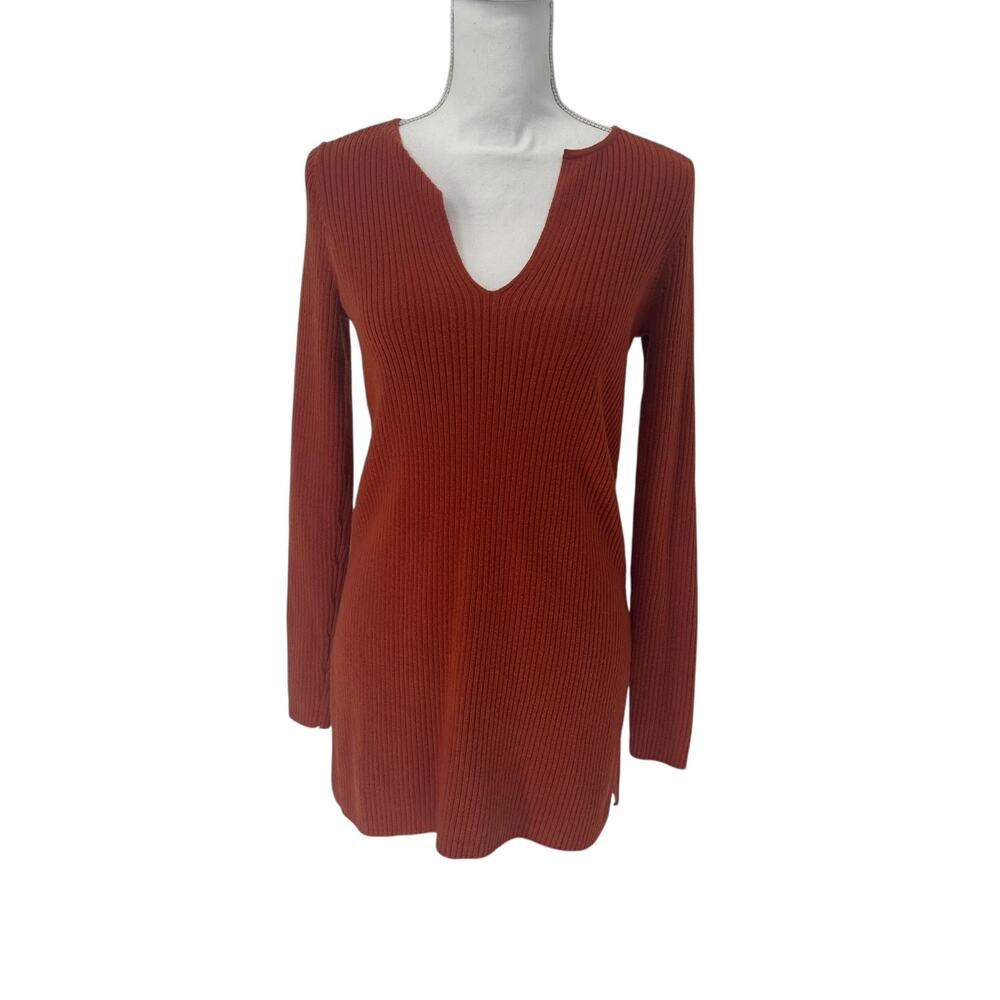 ANTHROPOLOGIE ETT TWA Rust Deep V-Neck Ribbed Pullover Tunic Sweater XS